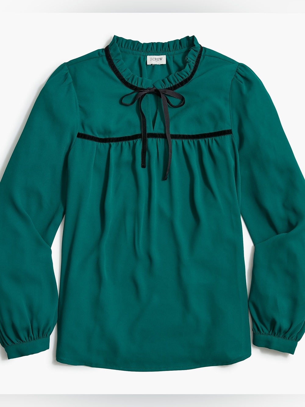 J. Crew Teal Ruffle-Neck Long-Sleeve Blouse with Black Trim